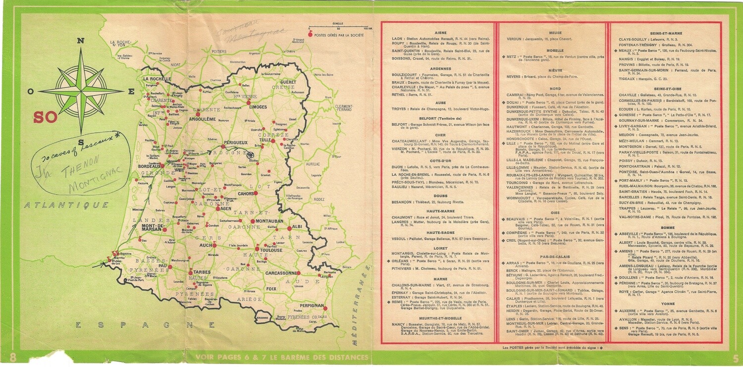 1950 Tableu des Distances de Ville a Ville