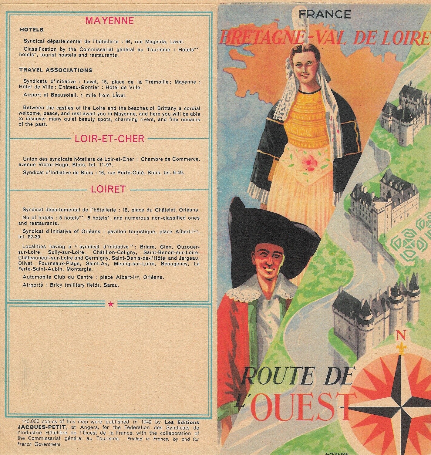 1950 Post-War Map of Bretagne-Val de Loire Route de l'ouest