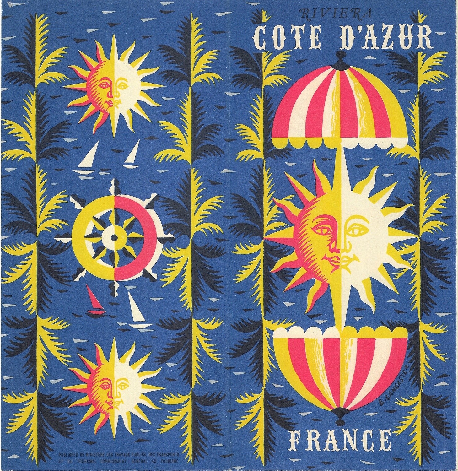 1950 Post-War Tourist Map of Nice Cannes Menton