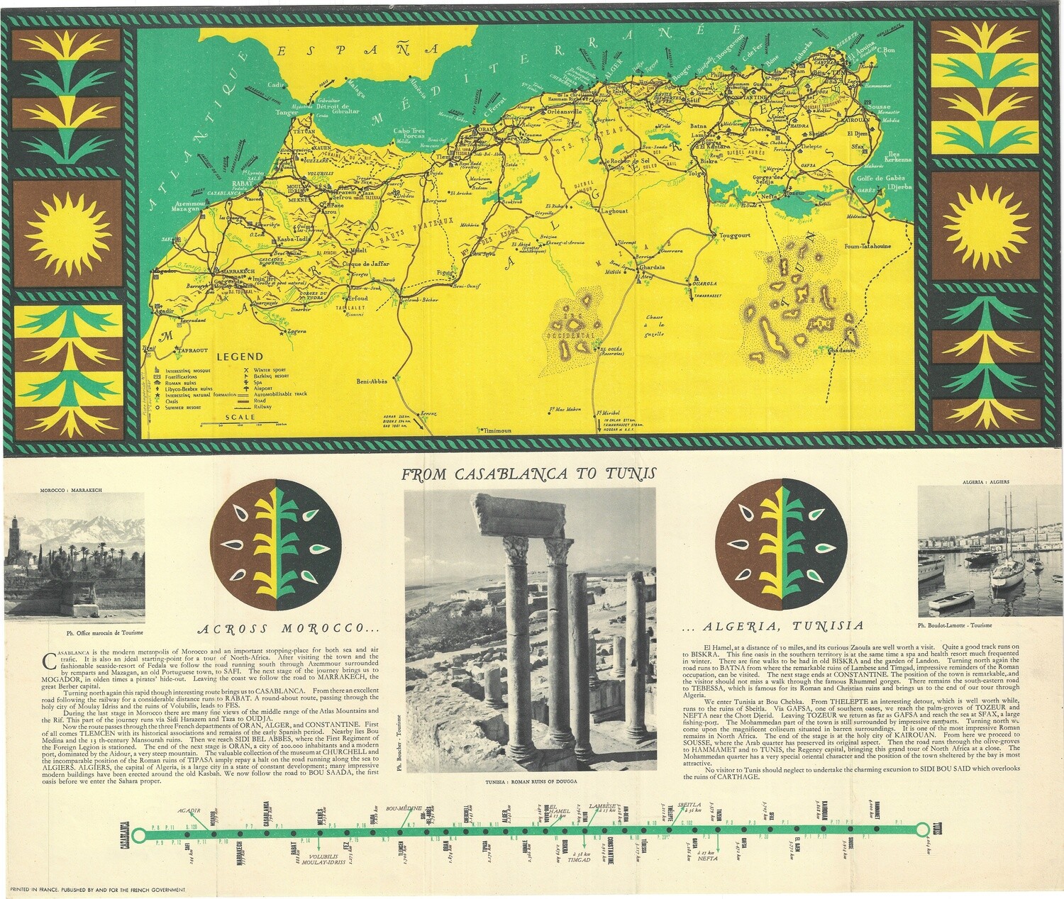 1948 Post War Map of French North Africa:Morocco, Algeria, Tunisia 