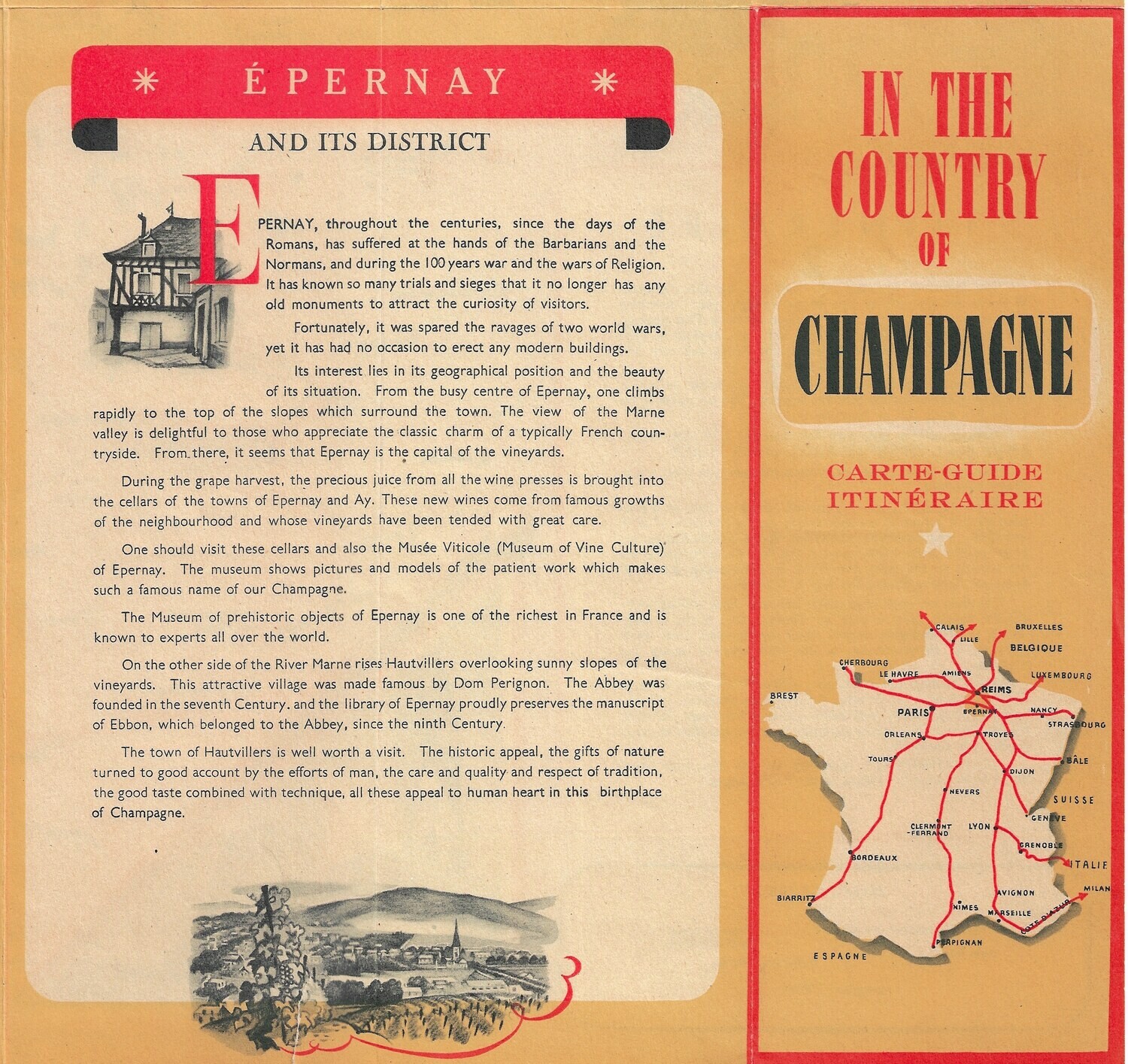 1950 Post War Map of Reims and Epernay , France