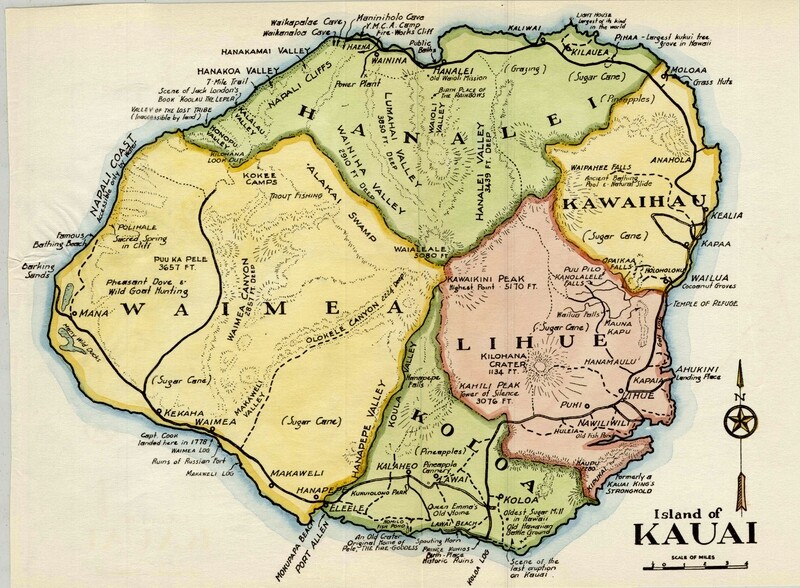 1928 Island of Kauai , Hawaii Territory w/hand water color