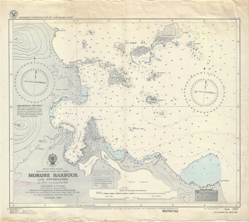 1944 NE Coast New Guinea Morobe Harbor-Apprchs US Navy Chromolith