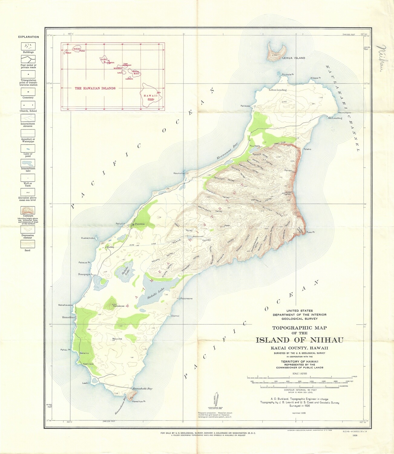 1958 (1926) Island of Niihau , Hawaii from the USGS 