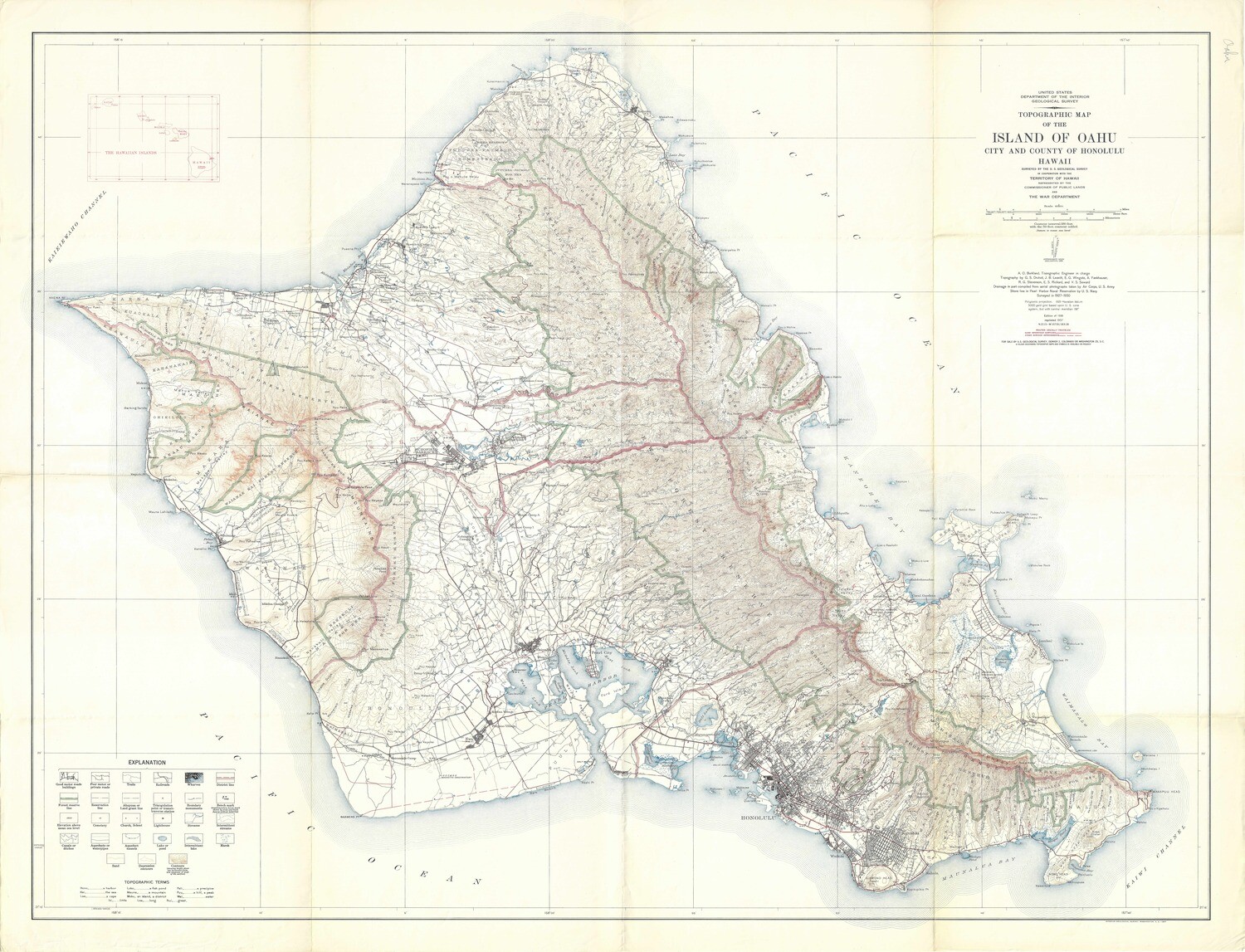 1957 Topographic map of Oahu,HI by USGS for U.S. War Dept.