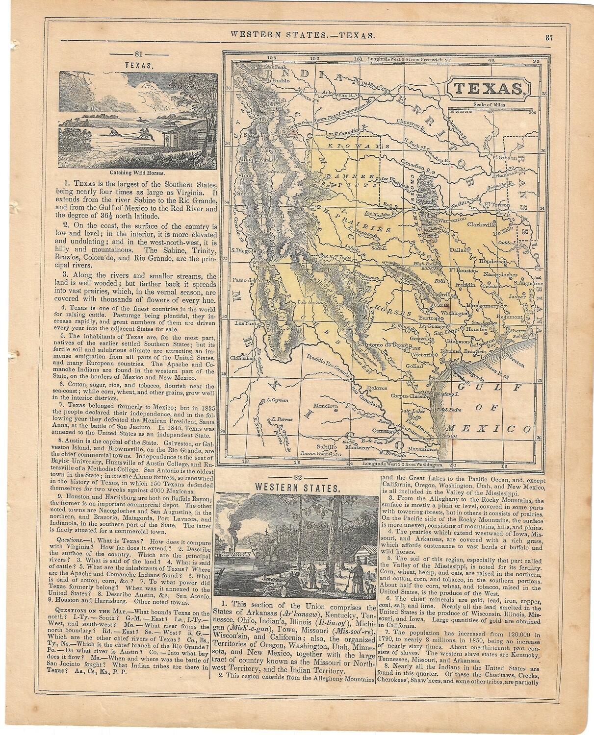 1855 Map of Texas w/Texas text in yellow 