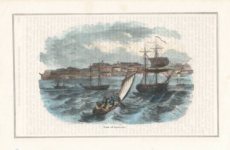 1870 View of Galveston Woodblock w/ hand color 