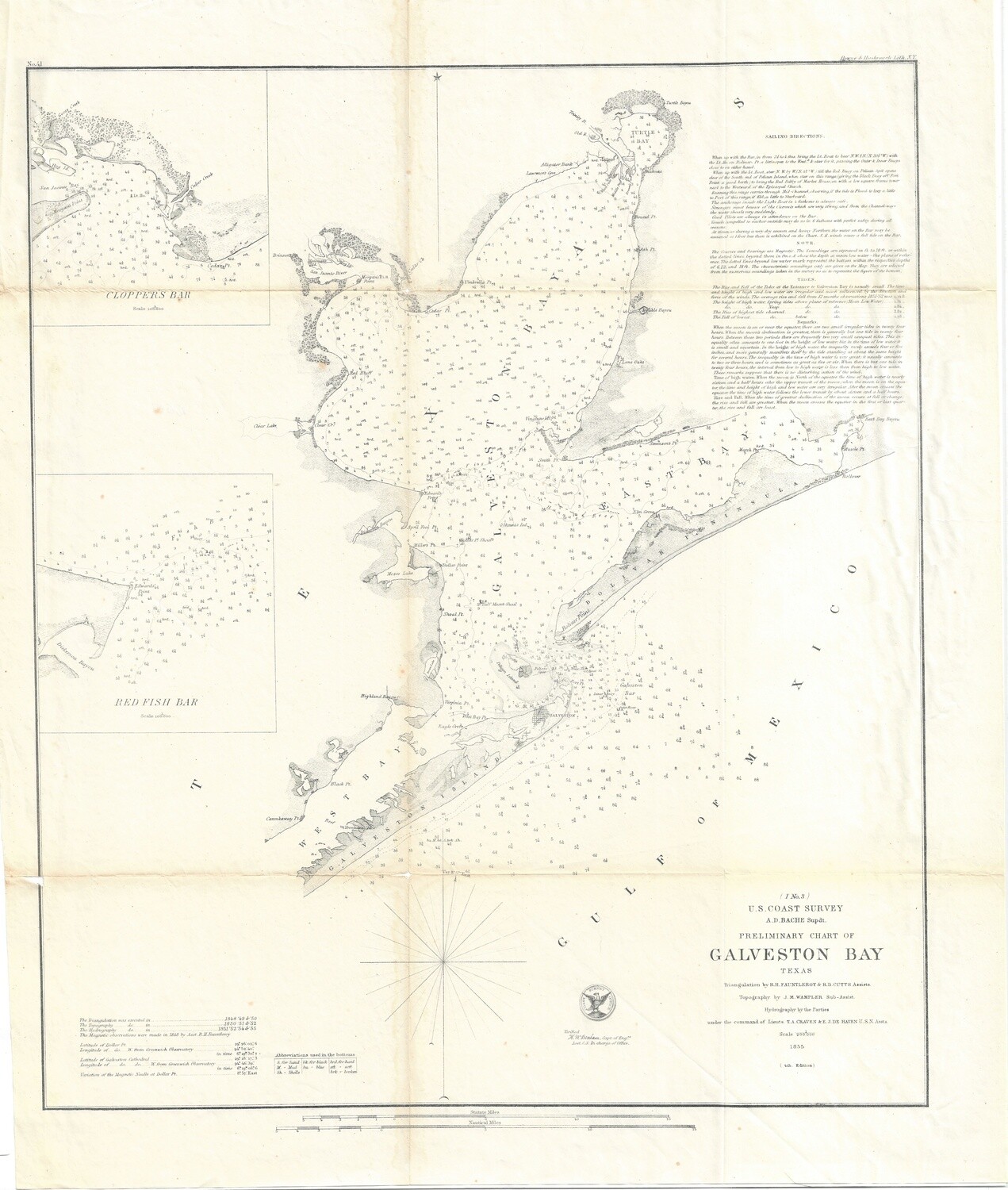 1856 Preliminary Chart of the Sea Coast of Texas , near Galveston by the USCS as a Folding Folio in Lithography, as Congressional Documents