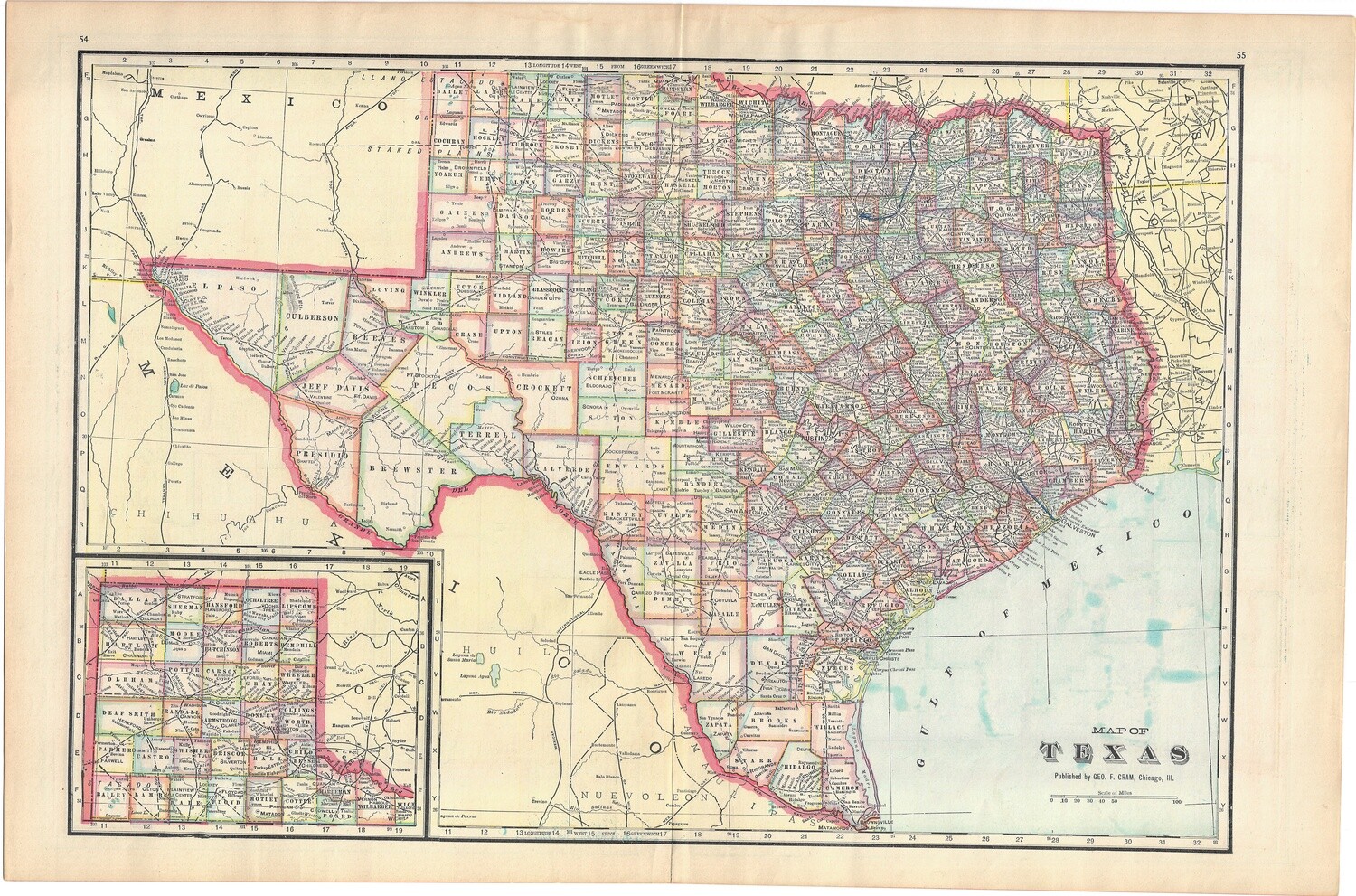 1903 Map of Texas by Geo.Cram in Color Lithography