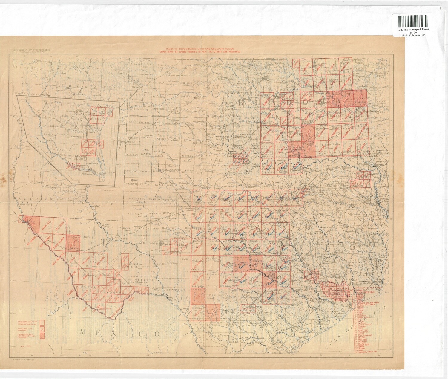 1923 Index Map of Texas with manuscript additions from the GLO in Lithography