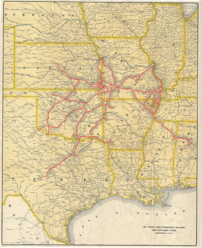 1917 St. Louis - San Francisco Railway Map of Texas, Oklahoma , Louisiana in Color Lithography