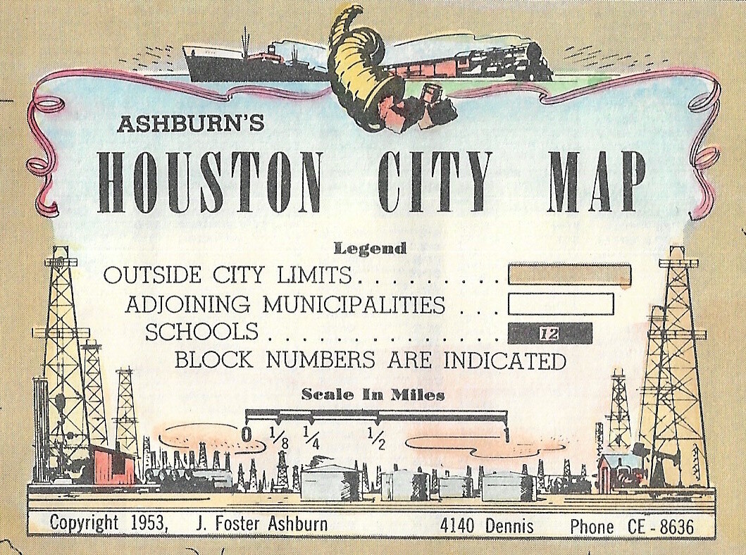 1953 Ashburn&#39;s Map of Houston w/ hand color