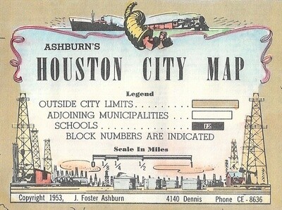1953 Ashburn&#39;s Map of Houston w/ hand color