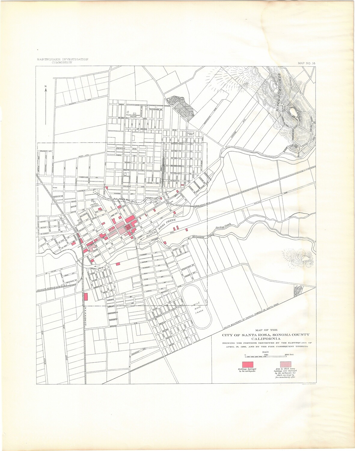 1908 EQIC Map of Santa Rosa by the EQ Investigation Committee in Color Lithography