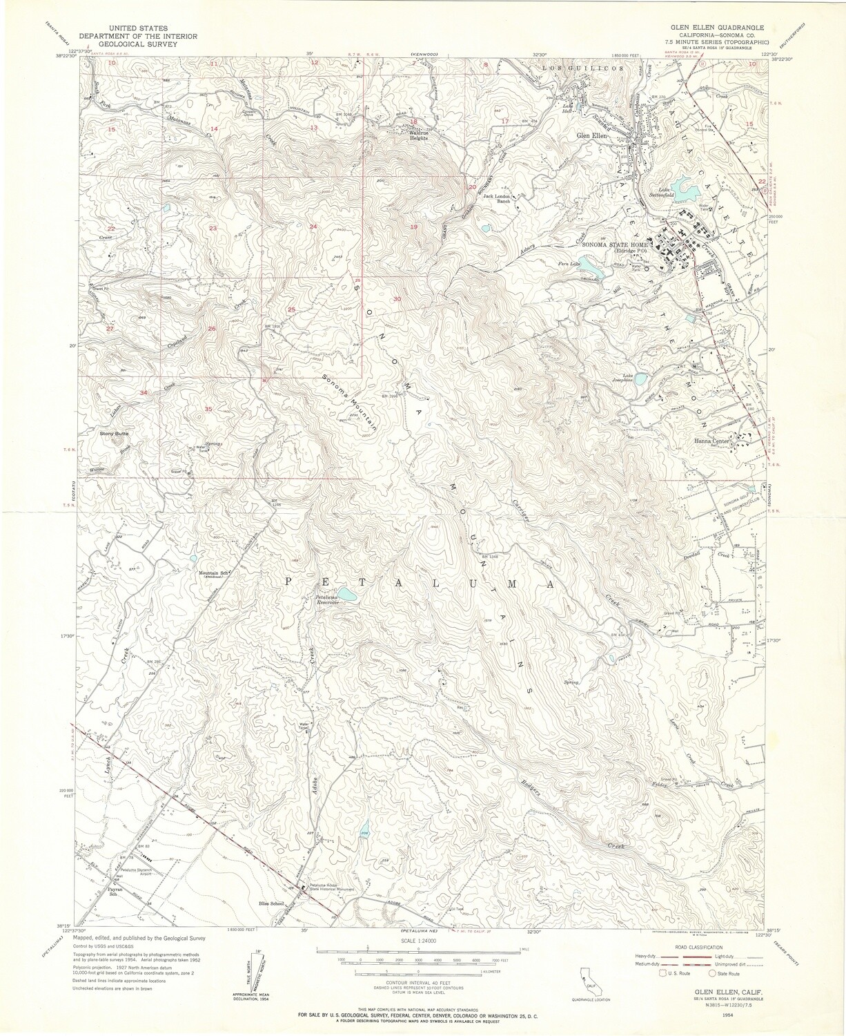 1954 Glen Ellen Quad USGS 7.5 min