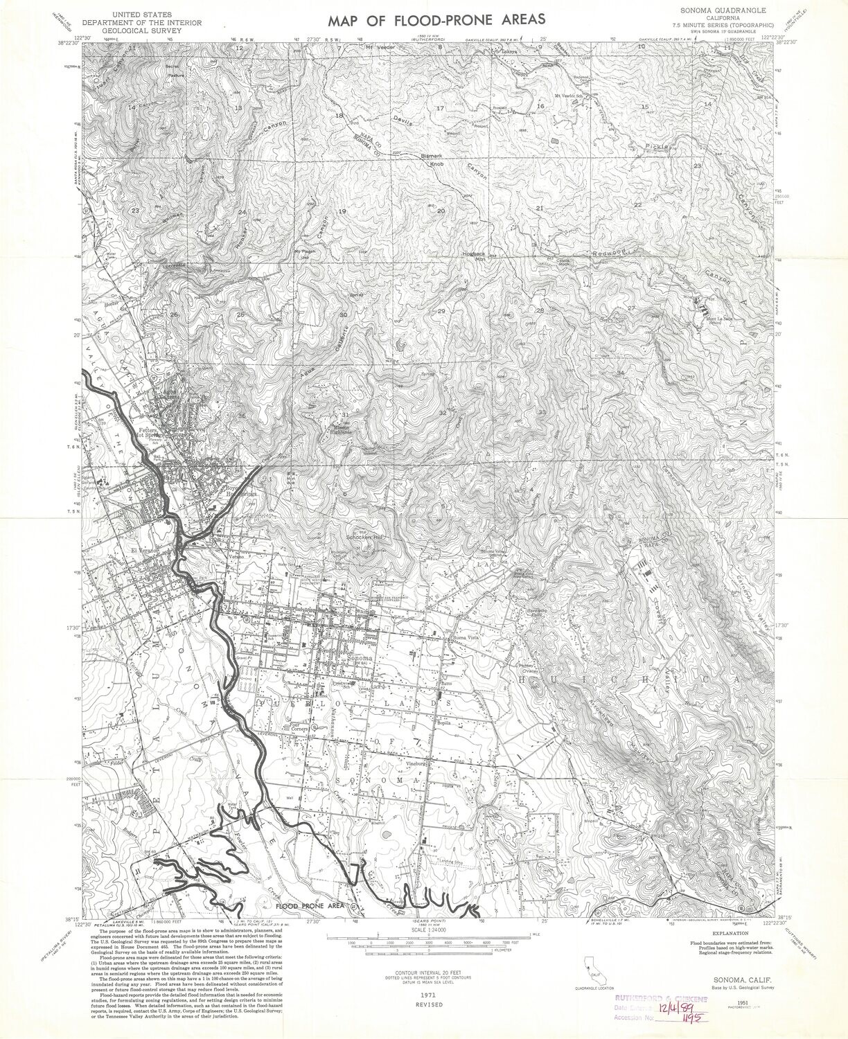 1971 (1954) Sonoma Flood Plain Quad -7.5 Minute sheet in Monochrome