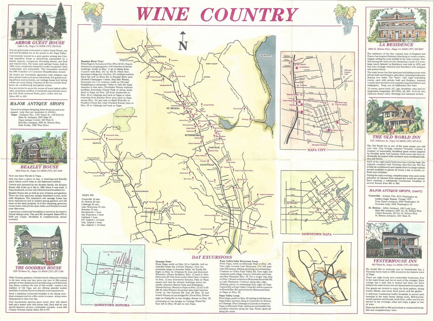 1980 Wine Country Map of Bed and Breakfast&#39;s w/ Hand color