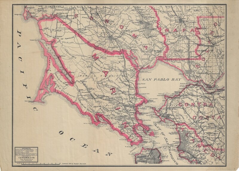 1914 Map of Marin County by CF Weber in 2 Color Lithography