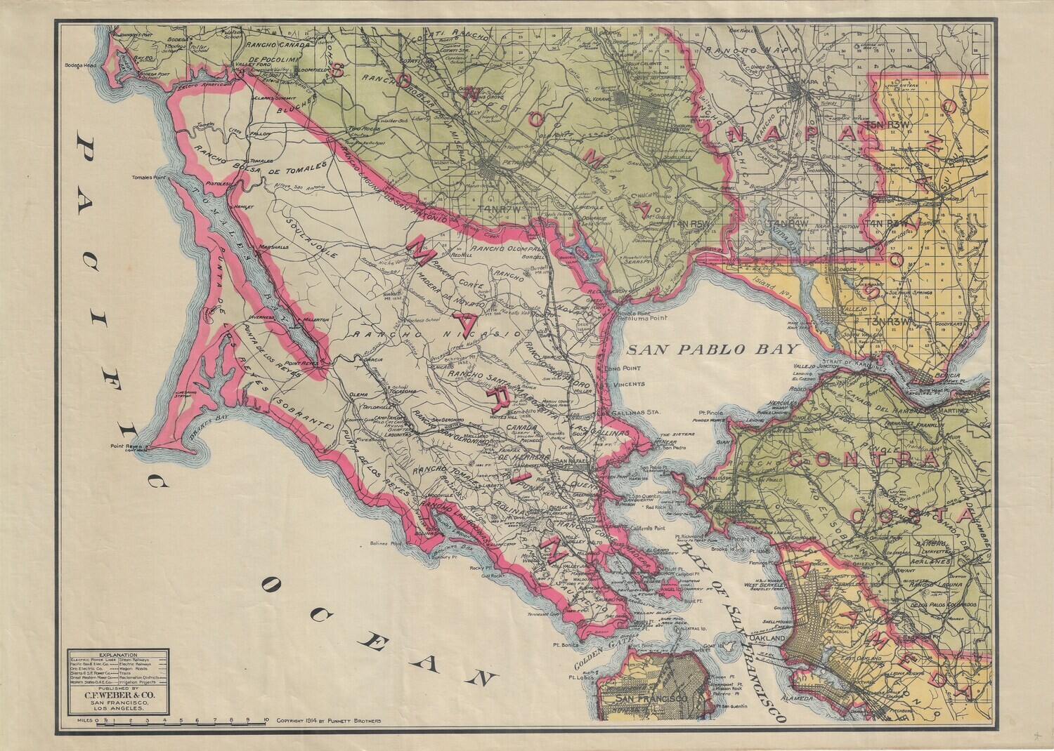 1914 Map of Marin County, with hand water color, by CF Weber in 2 Color Lithography