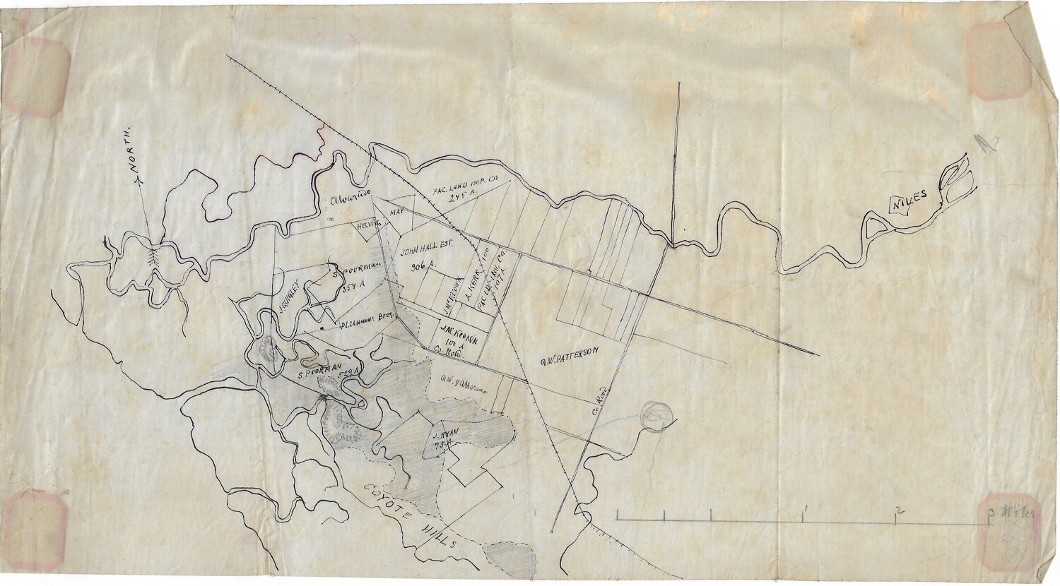 1875 Original Manuscript Map -Sunol , Niles Aqueduct from the Spring Valley Water Company.