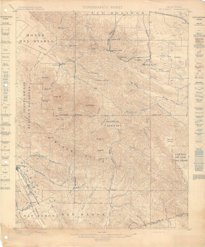 1896 USGS Mount Diablo Quad 15 Minute 1st edition in Copper Engraving