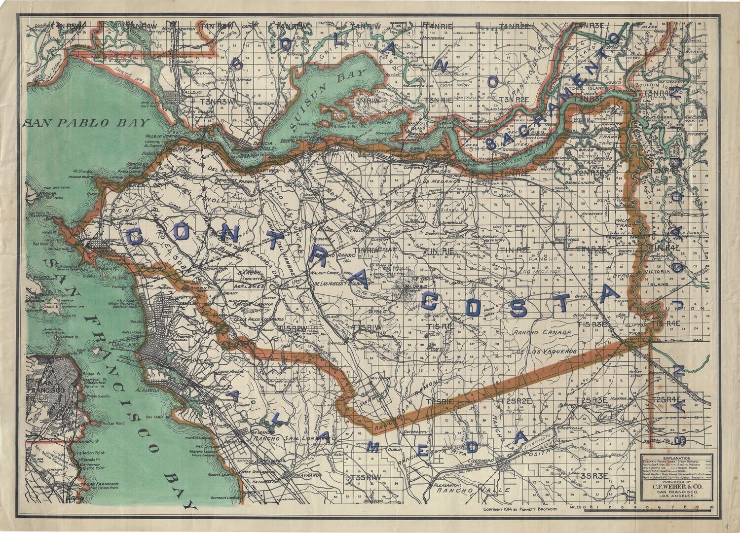 1914 Map of Contra Costa County, with Hand Water Color, by CF Weber in 2 Color Lithography