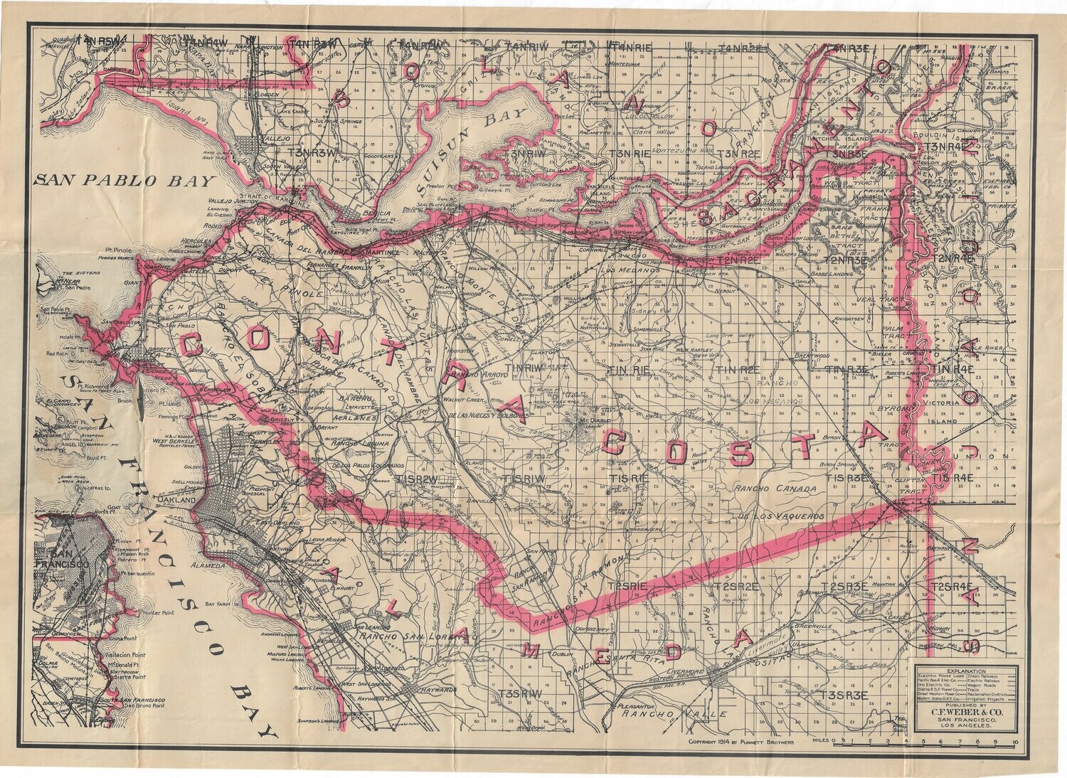 1914 Map of Contra Costa County by CF Weber in 2 Color Lithography