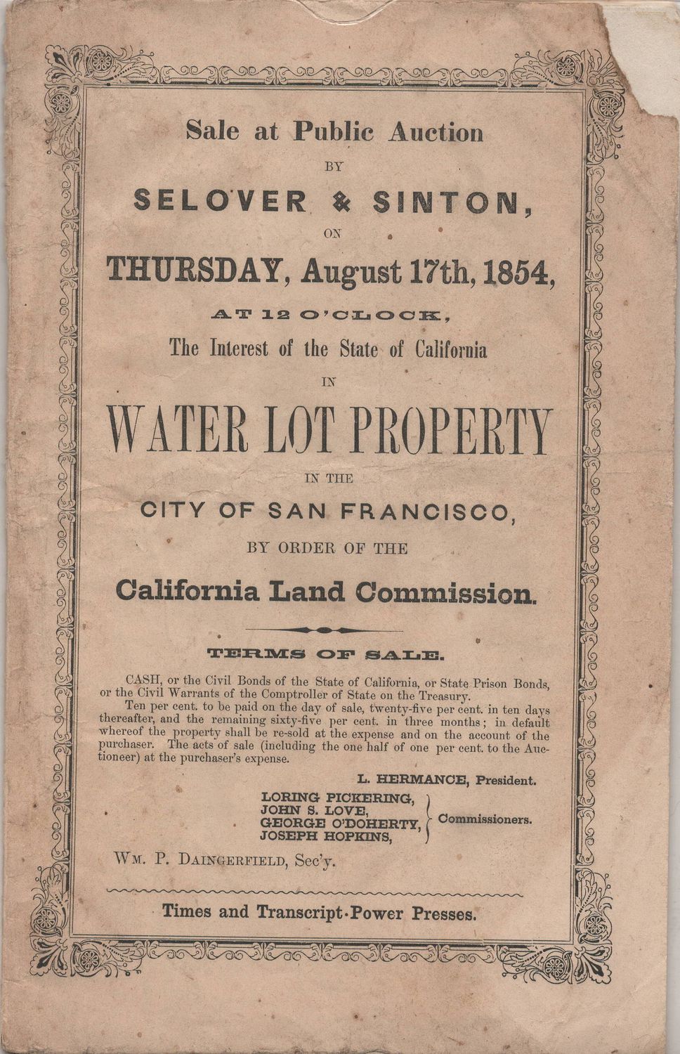 1854 San Francisco Water Lots Auction Catalog w/ manuscript additions