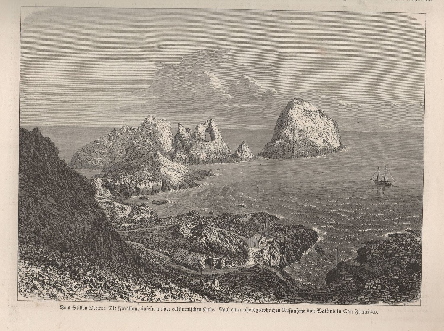 1868 View of the Farallone Islands from a photo by Carlton Watkins