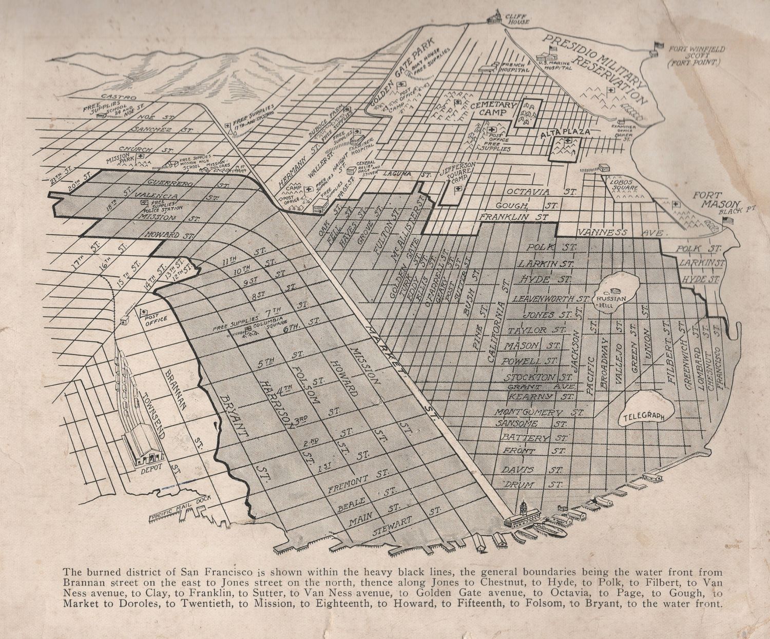 1906 Map of the Burned District of San Francisco ,Ca