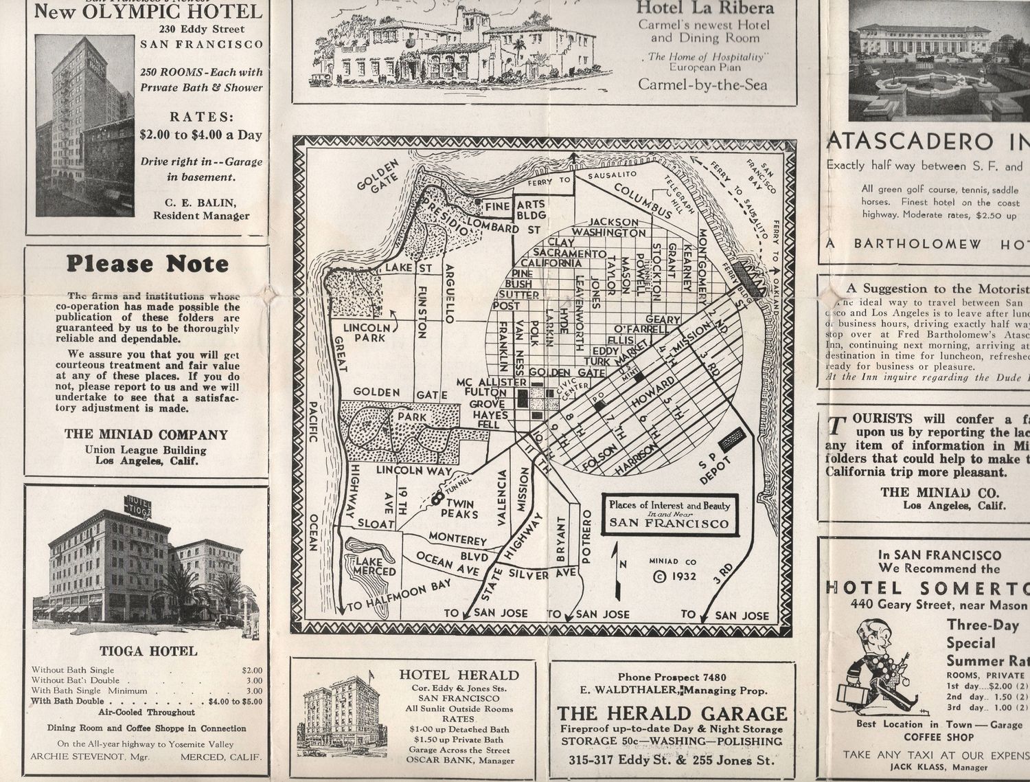 1932 San Francisco Map and Ca Hotel Guide