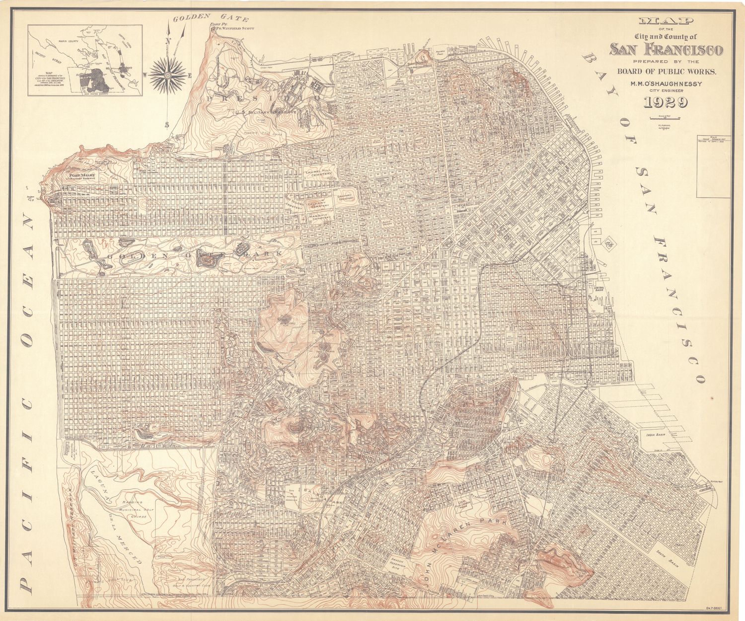 2019 (1929) Topographic Map of San Francisco by MM O&#39;Shaughnessy -reprint