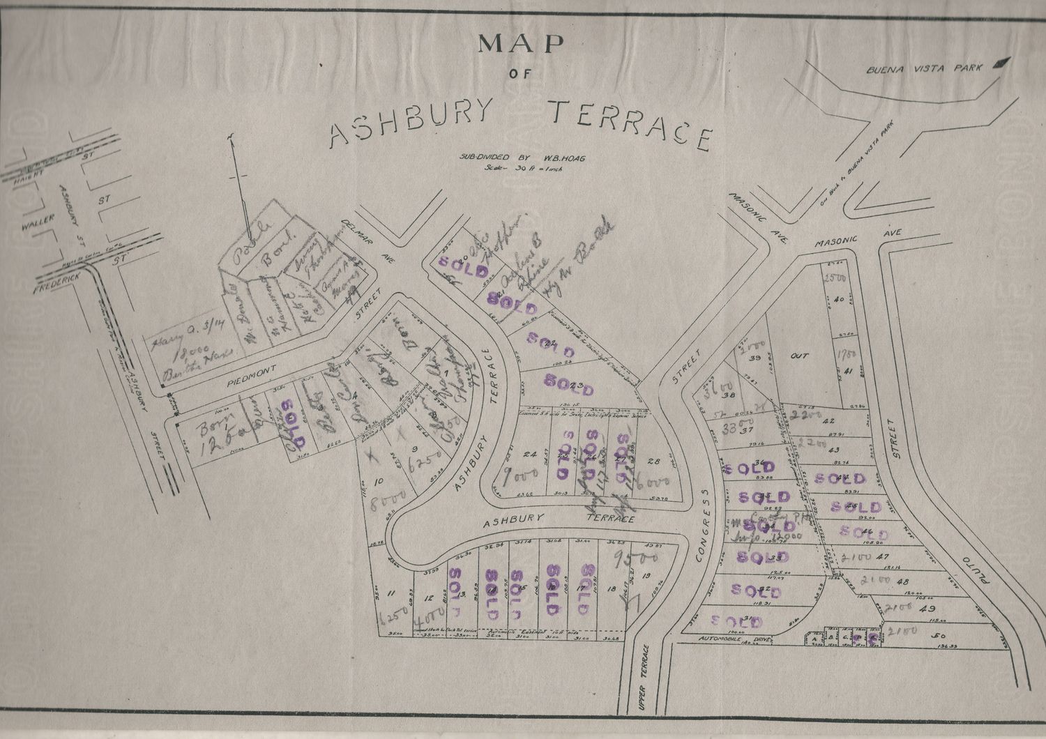 1914 Sales Map for Lots in Ashbury Terrace, San Francisco with Pricing and Cadastral Info