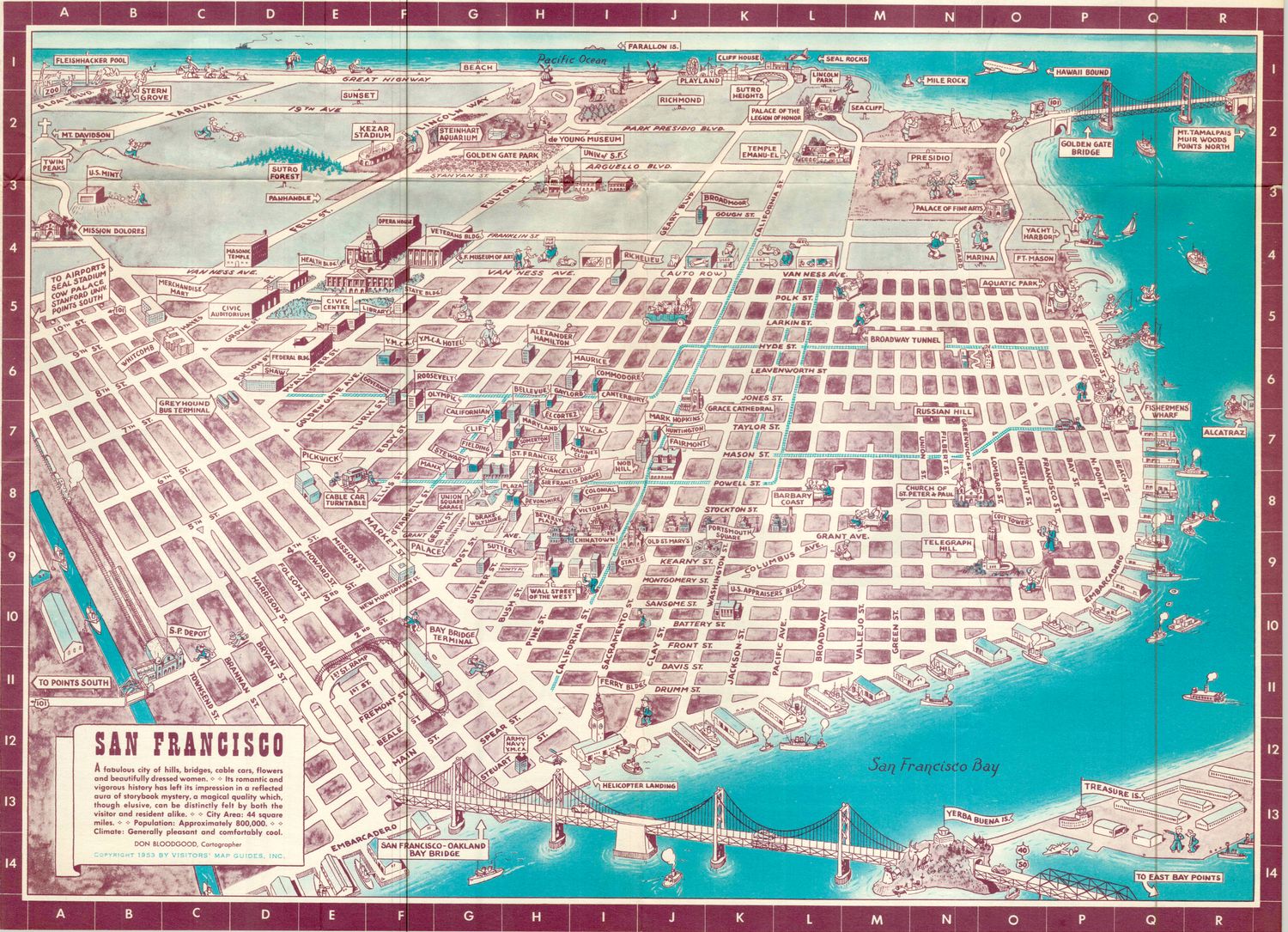 1953 Don Bloodgood Map of San Francisco  by Gray line Tours
