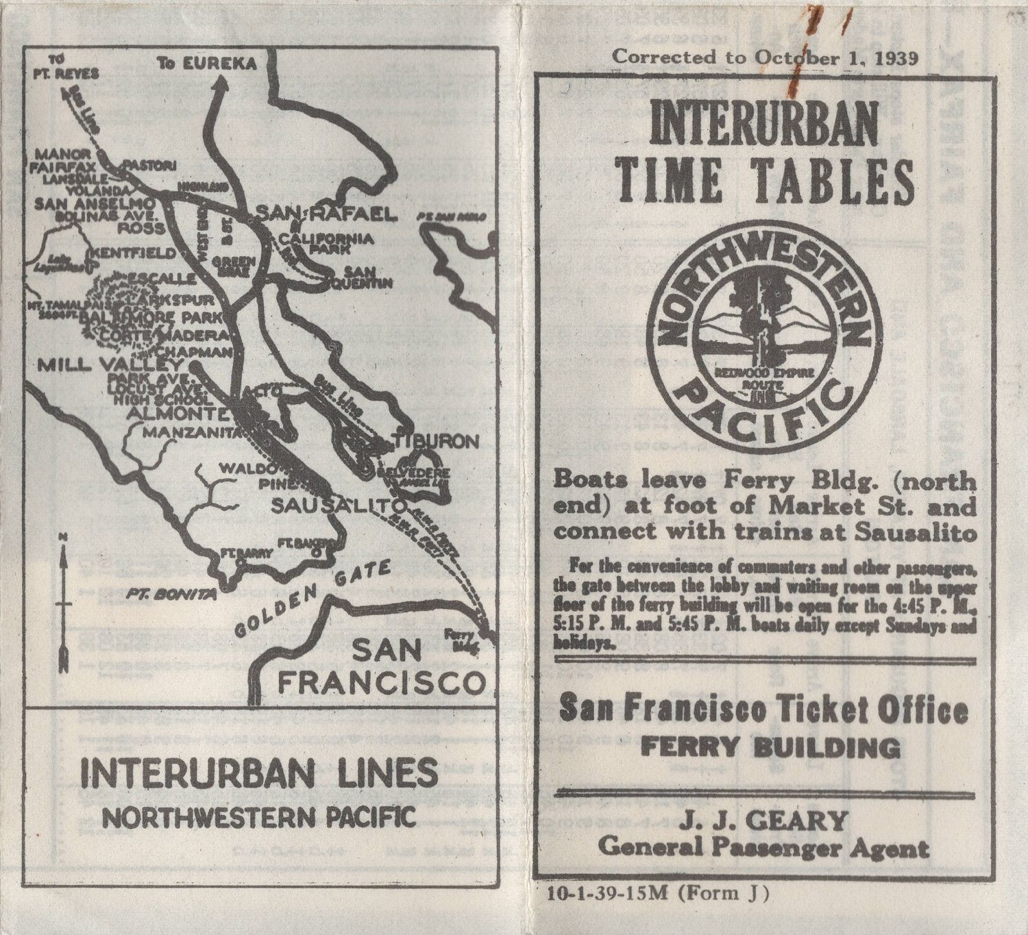 1939 North Western Pacific Railroad Time Table and Schedule-Marin &amp; Sonoma