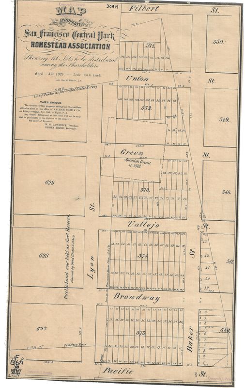 1869 Central Park Homestead Association Map of the Lyon Steps, Pacific Heights