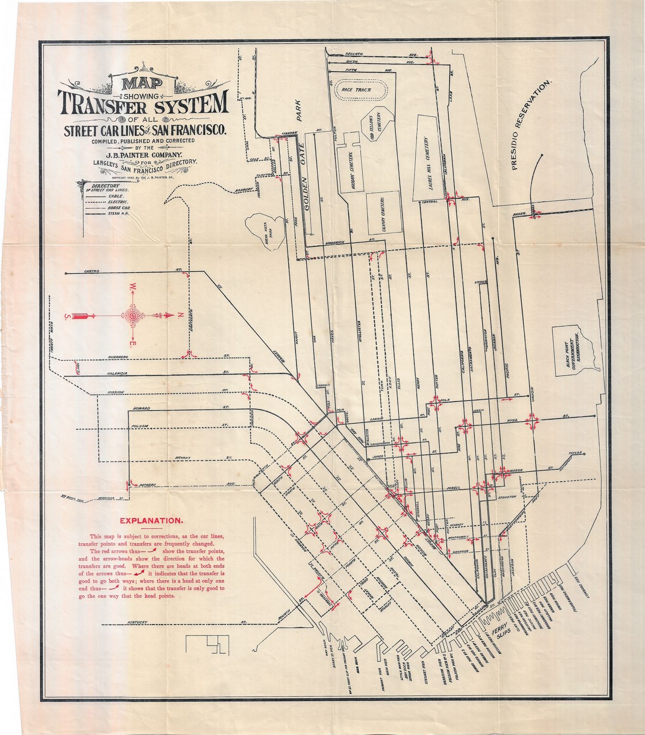 1895 Map of San Francisco Transfer System for All Street Car Lines