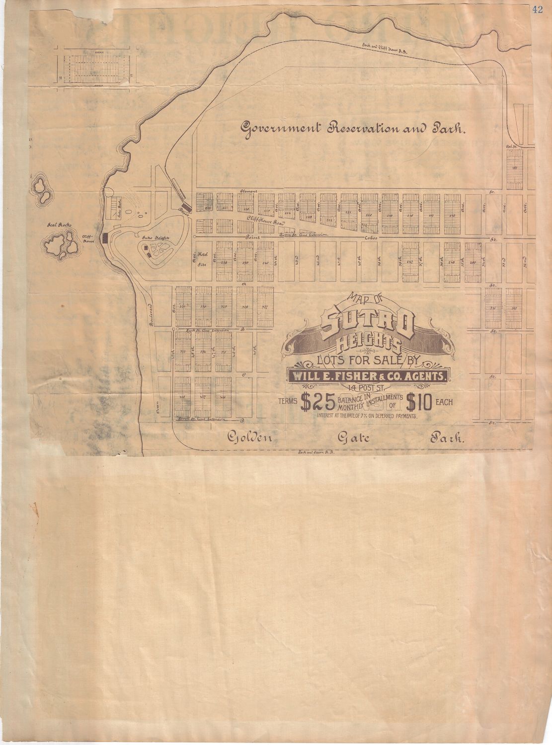1883 Map of Sutro Heights in San Francisco with linen backing