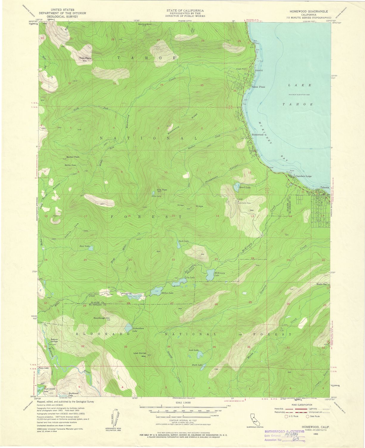 1955 USGS Homewood to Tahoma, Tahoe Pines, Lake Tahoe Quad - USGS 7.5 minute