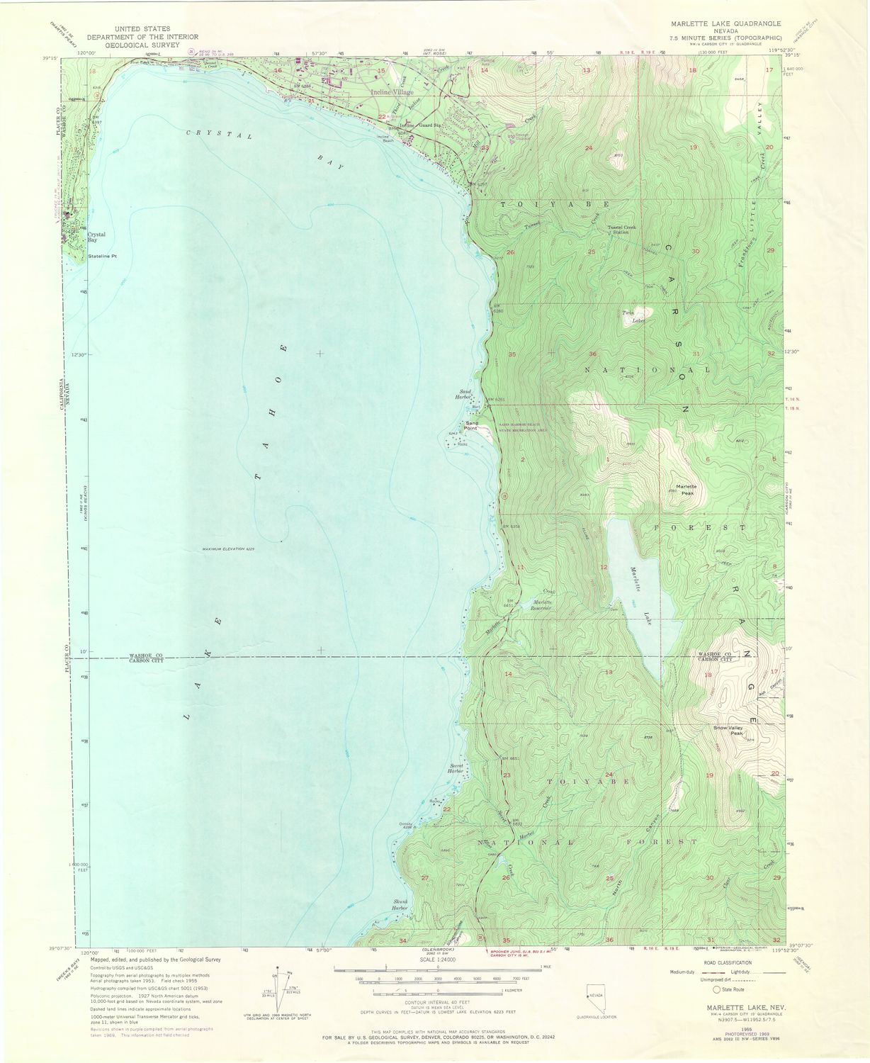 1969 (1955) USGS Marlette Lake , Nev. Lake Tahoe
 7.5 Minute sheet
