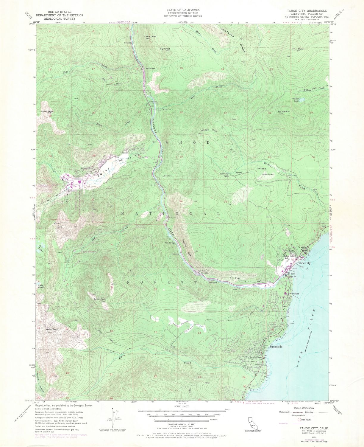1969 (1955) USGS Tahoe City, Ca Lake Tahoe USGS 7.5 minute sheet