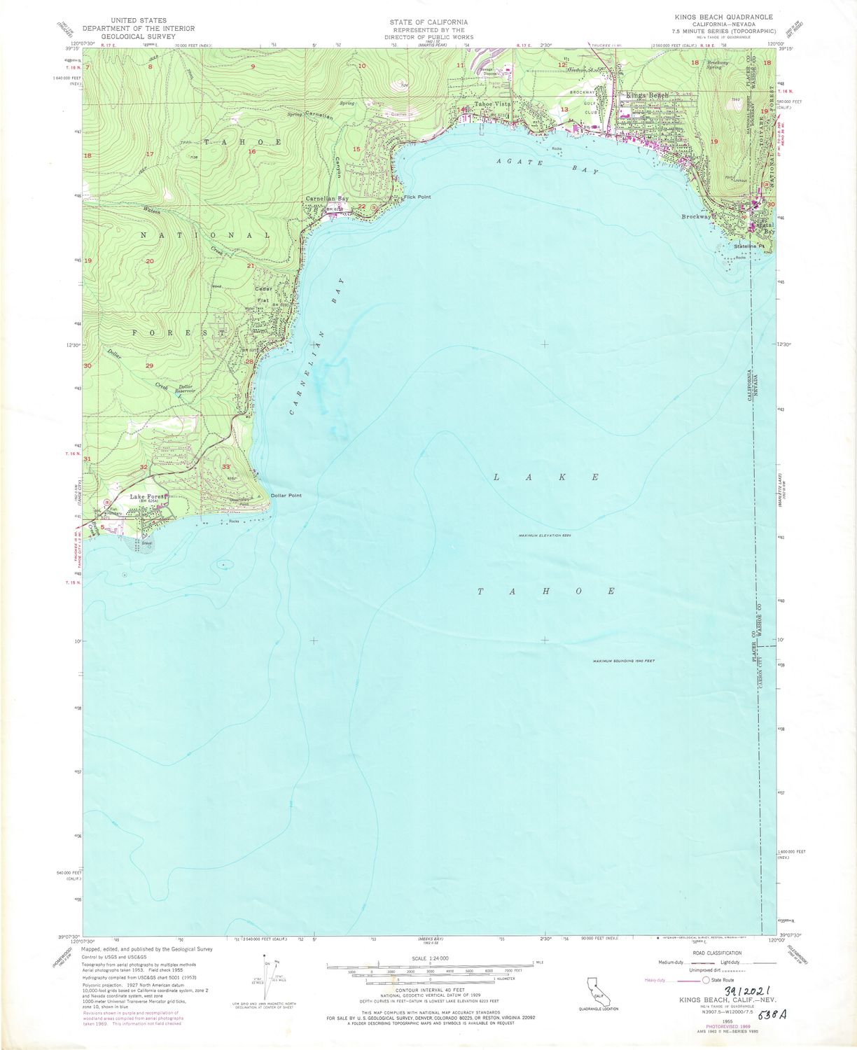 1969 USGS Kings Beach , Nev. Lake Tahoe 7.5 Minute sheet