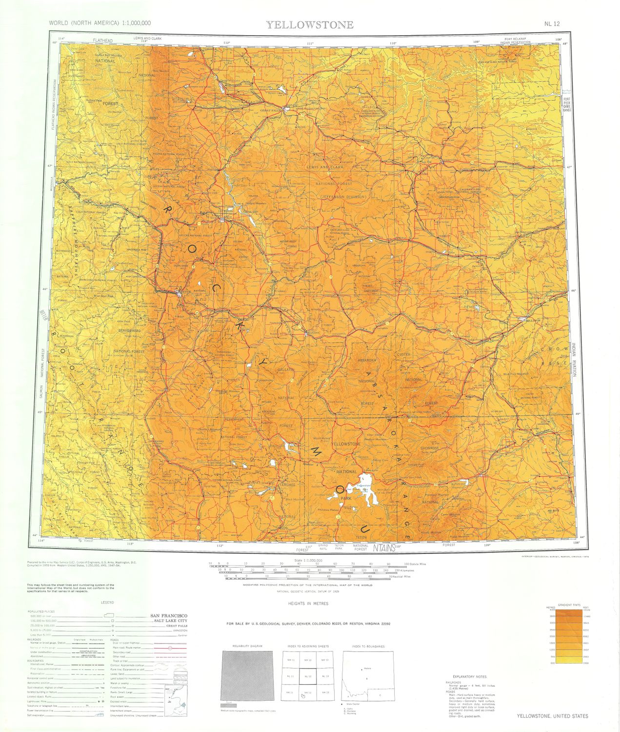 1976 Map of Yellowstone showing elevations in meters