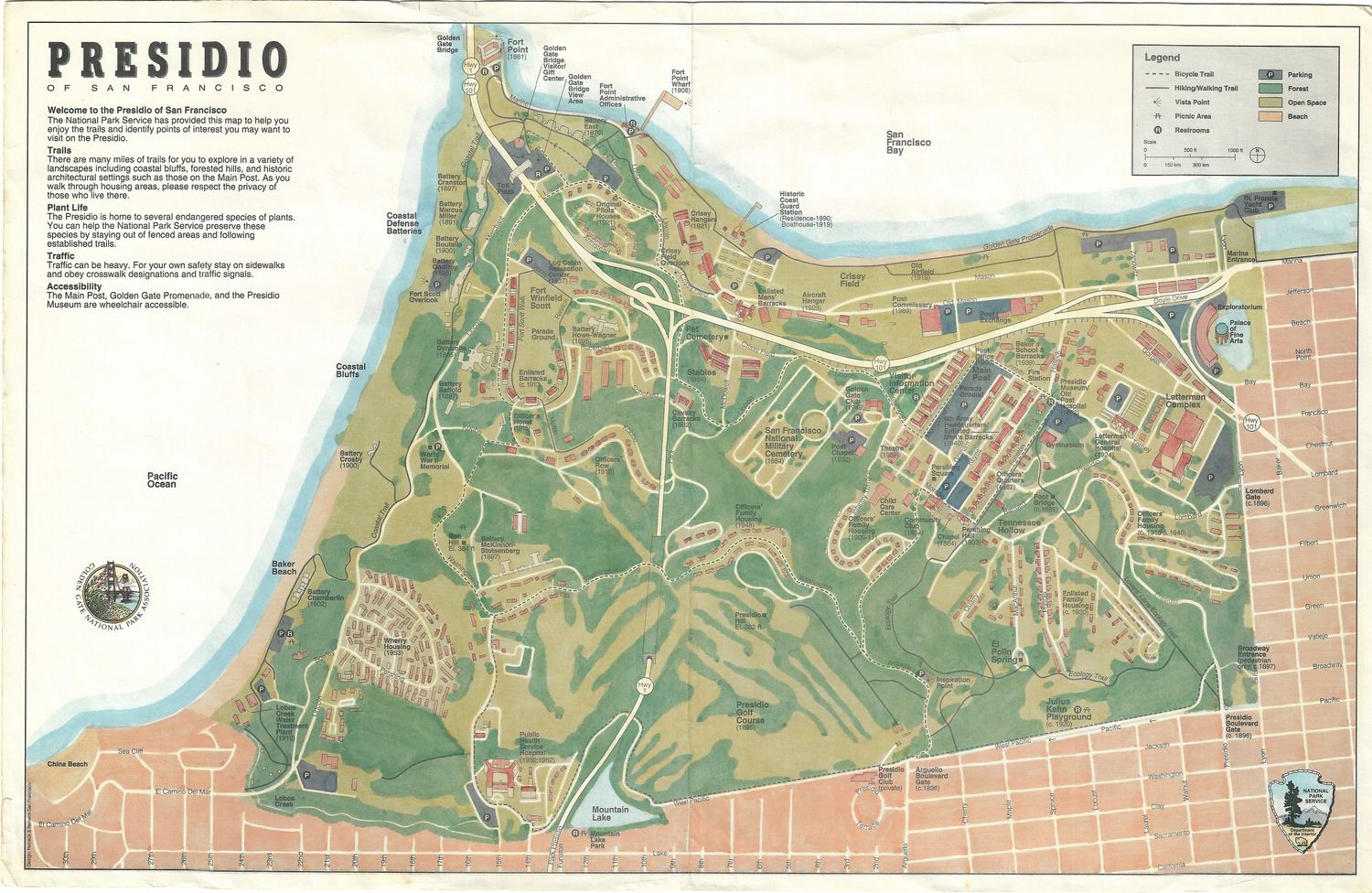 1990 Map of the Presidio of San Francisco with hand color 