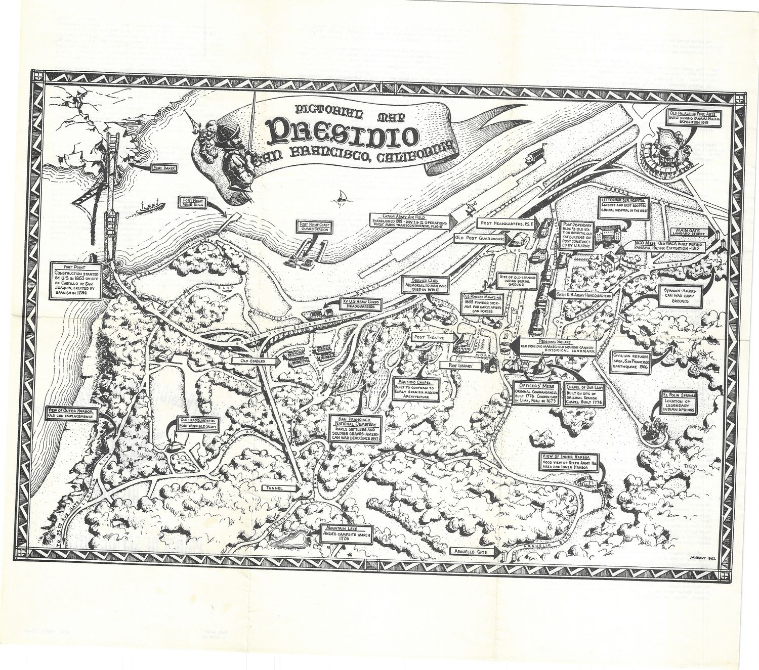 1962 Pictorial Map of The Presidio in monochrome