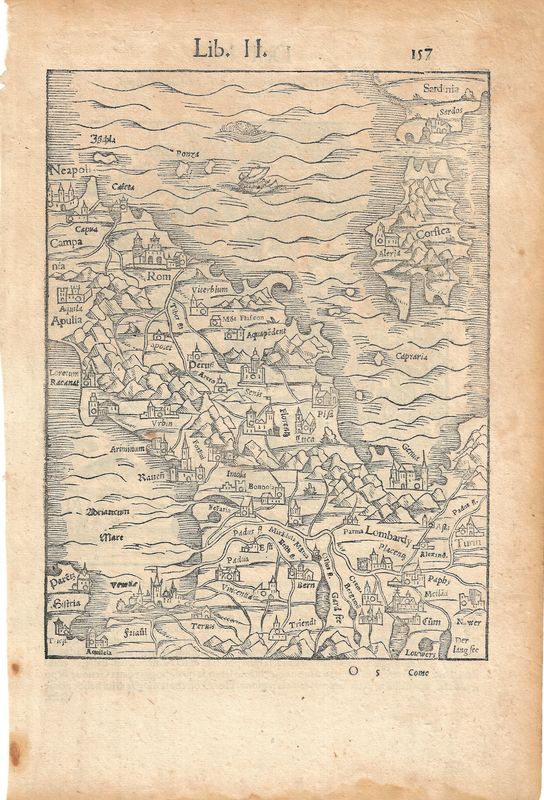 1554 Map of Italy , Roma To Genoa by Sebastian Munster in Woodblock Engraving
