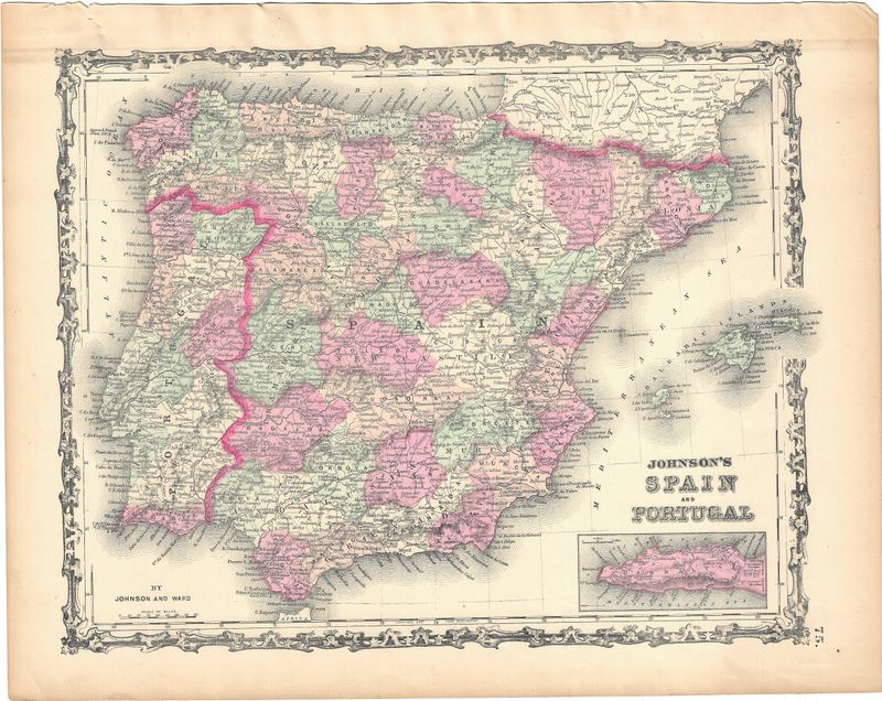 1862 Map of Spain &amp; Portugal by Johnson and Ward w/ohc