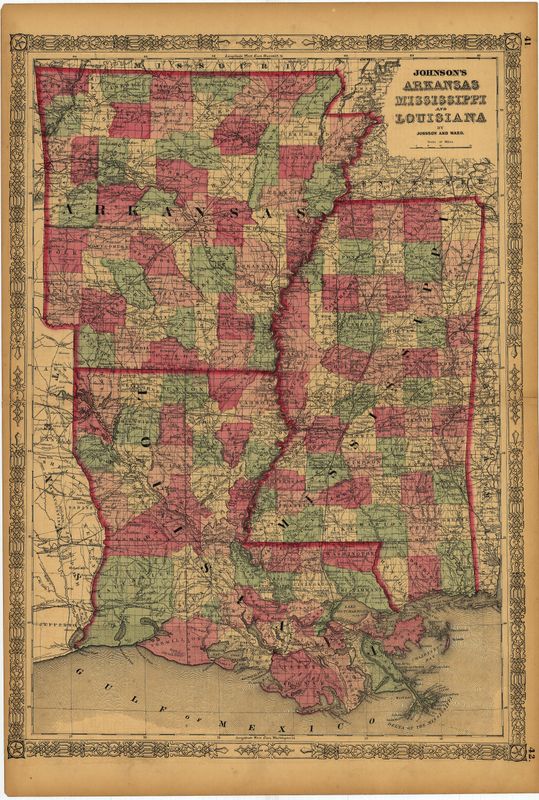 1863 Map of Arkansas, Mississippi, Louisiana by Johnson and Ward