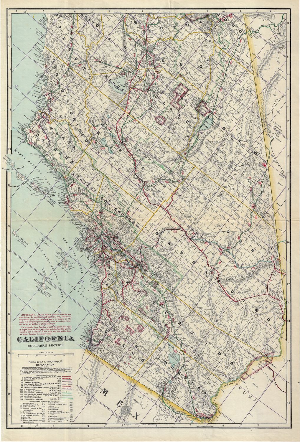 1901 Map of Southern California by Geo.Cram in Color Lithography