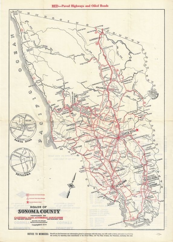 1934 CSAA Road Map for Sonoma County on cream folio